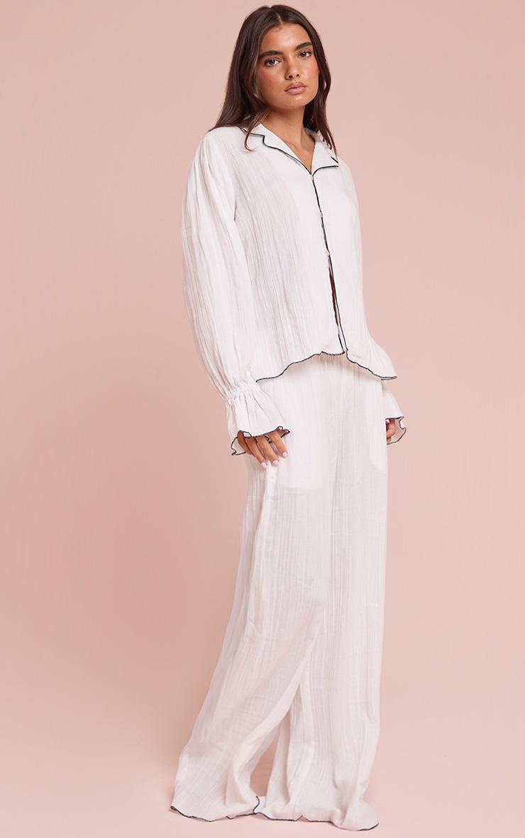 Pretty Little Thing Contrast Piping Frill Sleeve Wide Leg Pyjamas