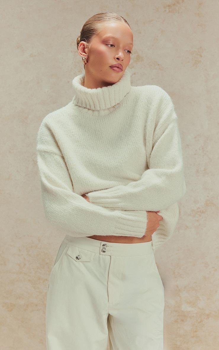 Pretty Little Thing Cream Balloon Sleeve Roll Neck Oversized Sweater