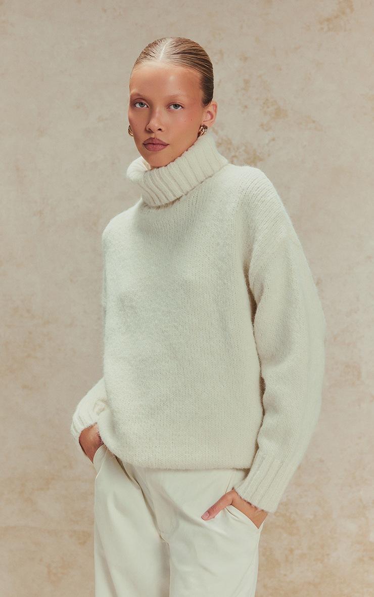 Pretty Little Thing Cream Balloon Sleeve Roll Neck Oversized Sweater