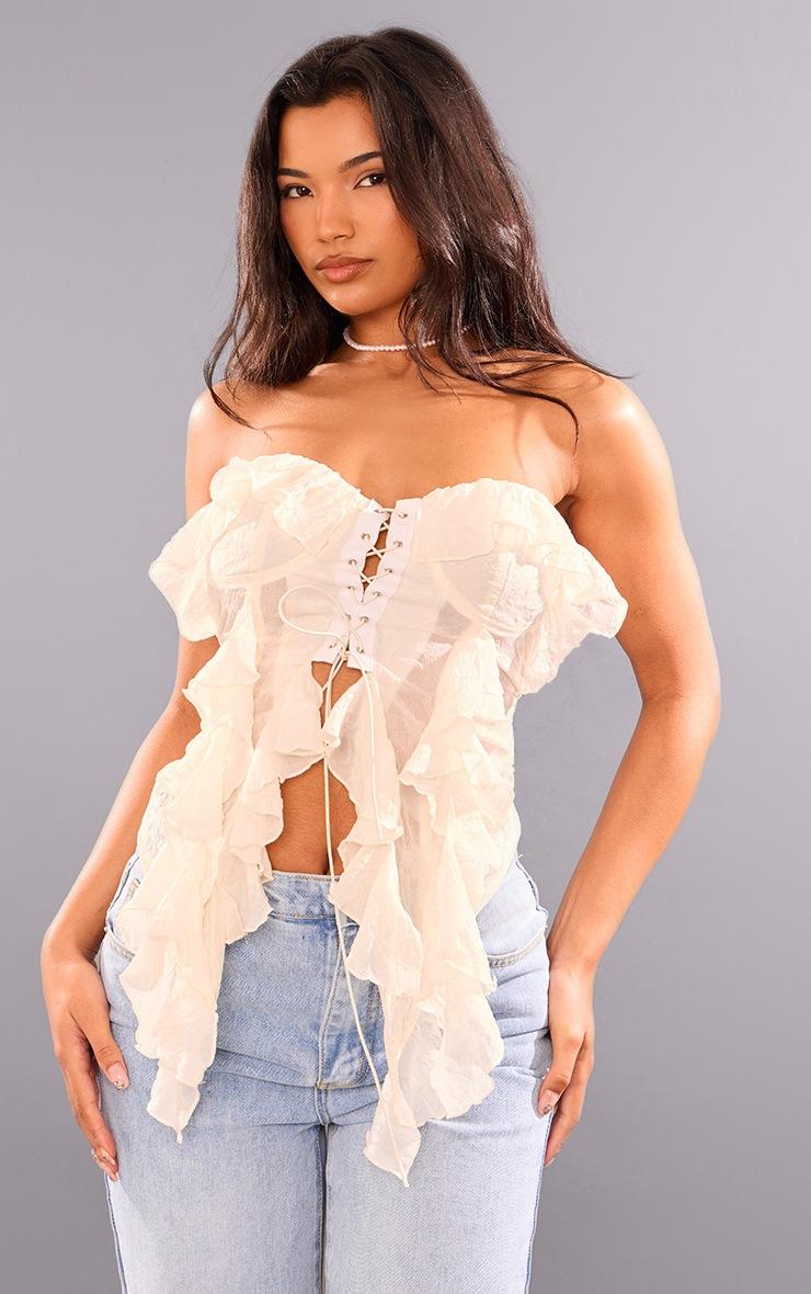 Pretty Little Thing Cream Bandeau Chiffon Ruffle Lace Up Corset