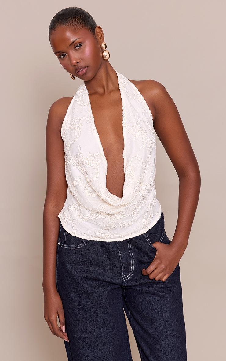 Pretty Little Thing Cream Beaded Embroidered Cowl Neck Top
