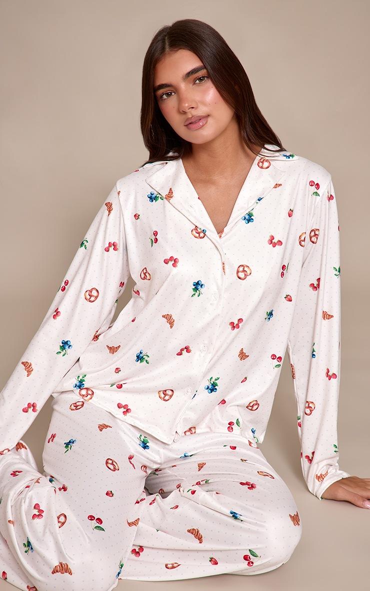 Pretty Little Thing Cream Berry and Polka Dot Print Long Sleeve Button Through Pj Set