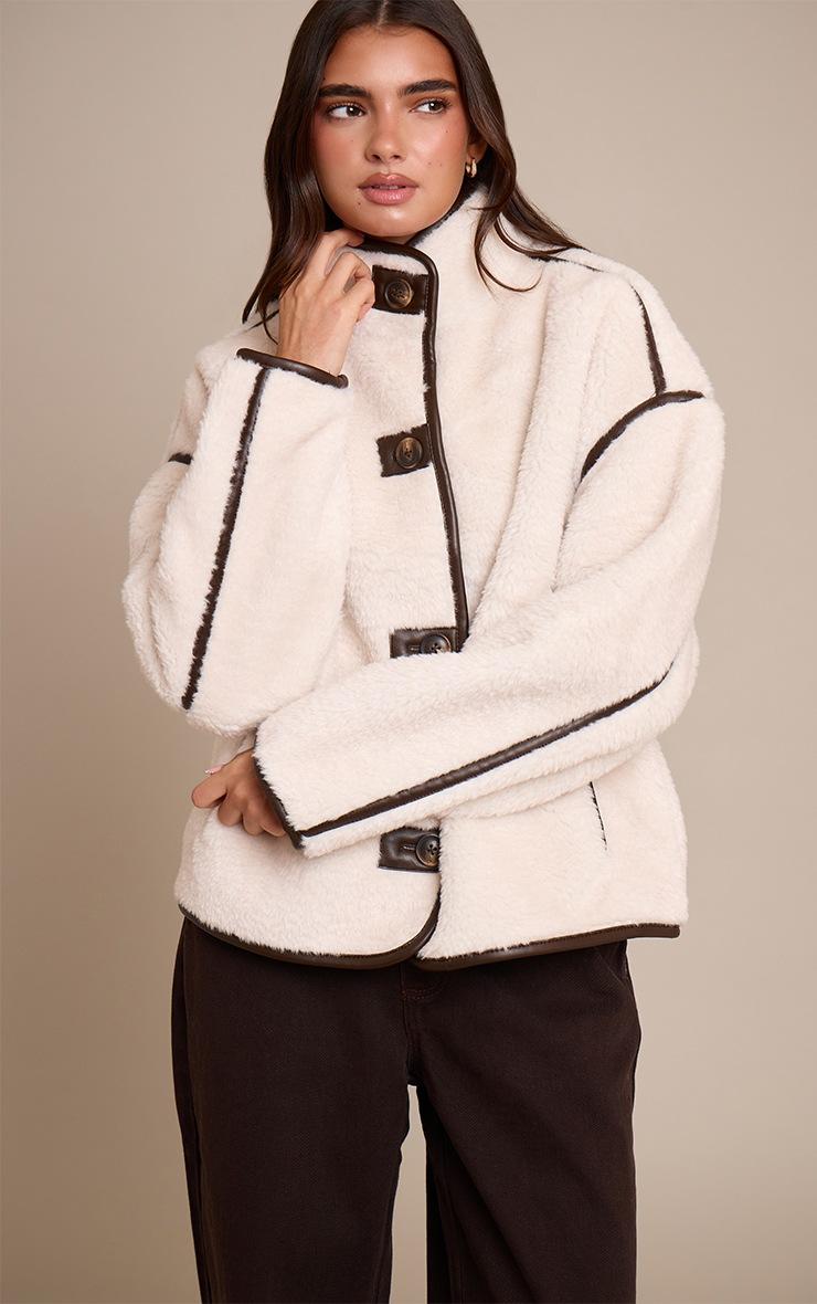 Pretty Little Thing Cream Borg Faux Leather Contrast Coat