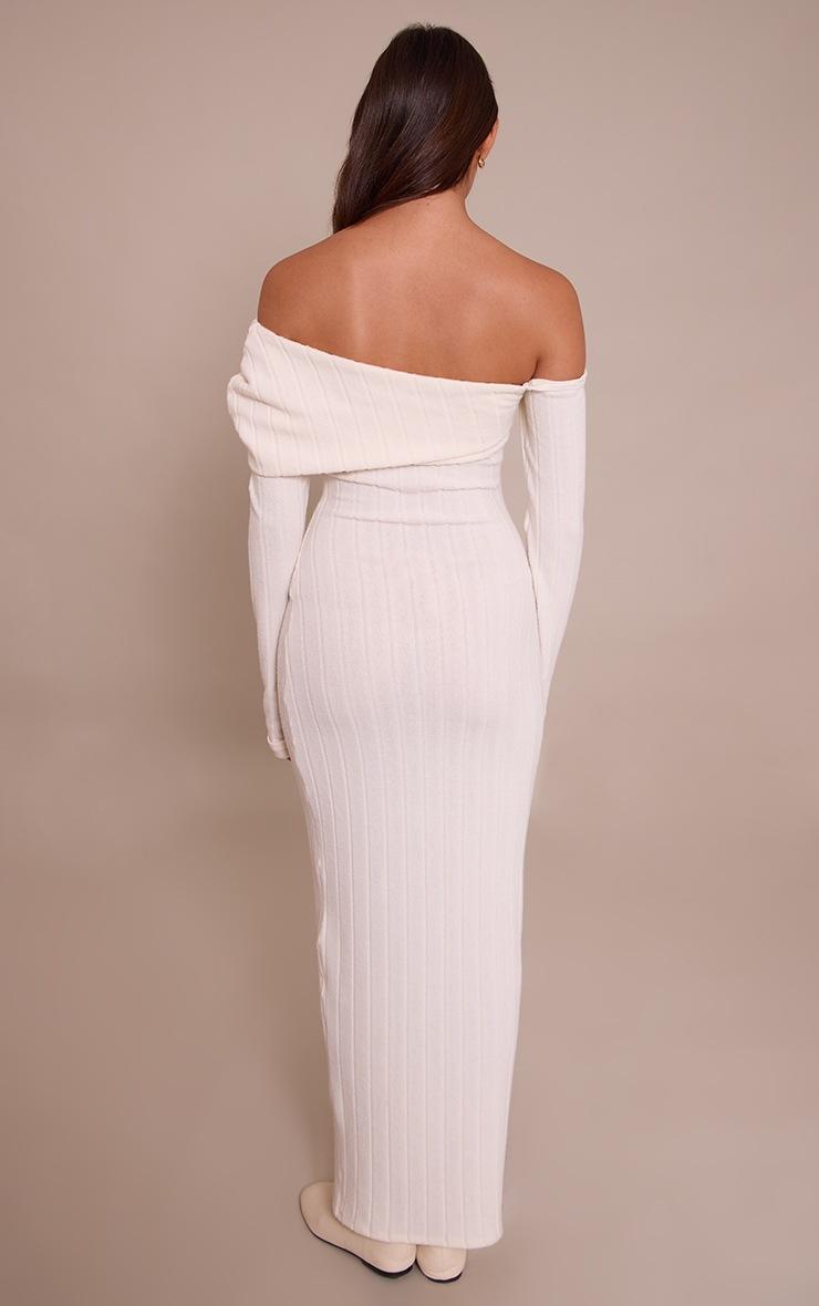 Pretty Little Thing Cream Brushed Rib Asymmetric Fold Over Long Sleeve Maxi Dress