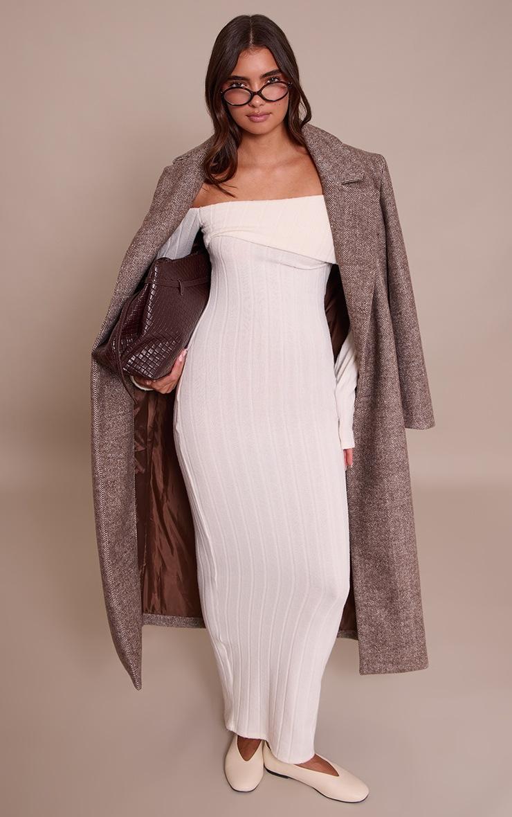 Pretty Little Thing Cream Brushed Rib Asymmetric Fold Over Long Sleeve Maxi Dress