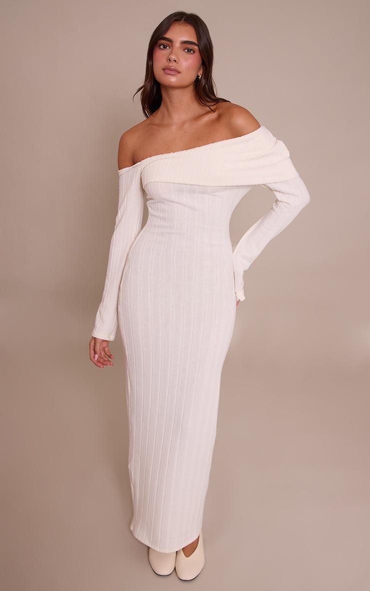 Pretty Little Thing Cream Brushed Rib Asymmetric Fold Over Long Sleeve Maxi Dress