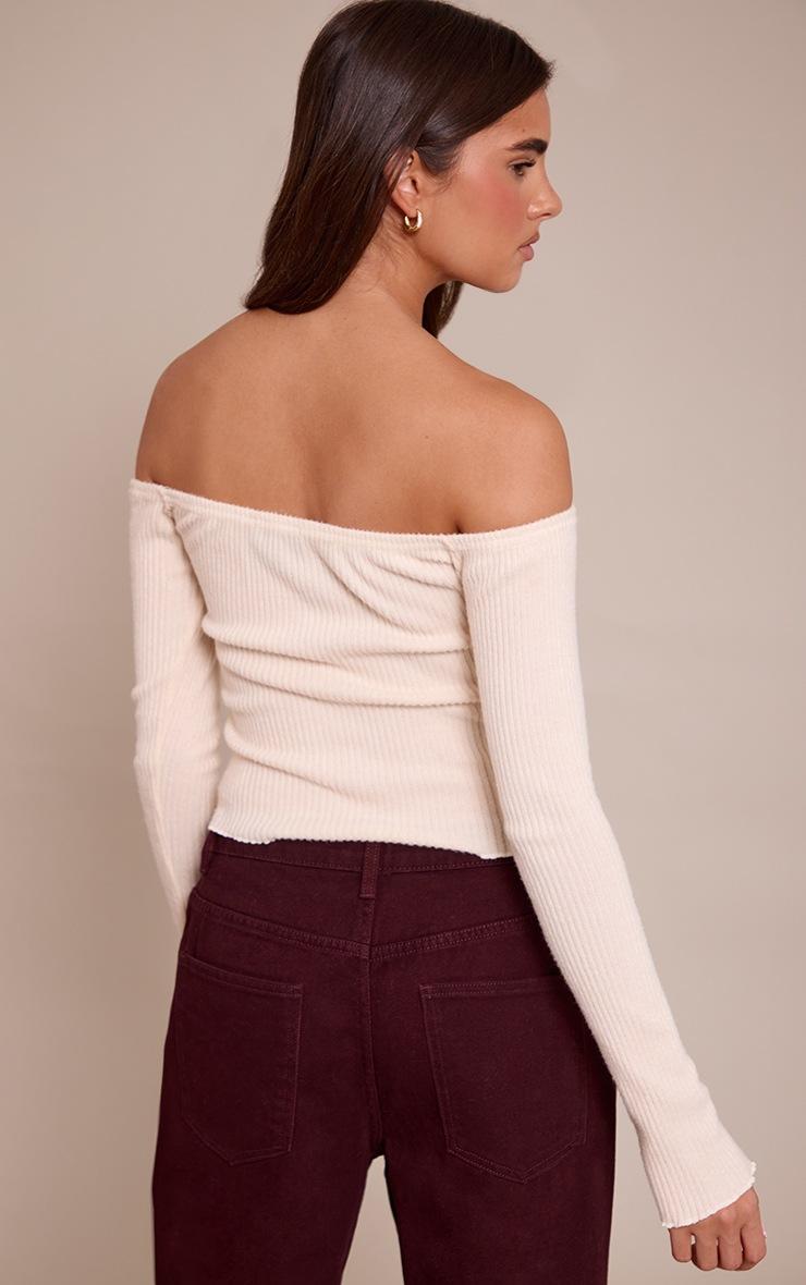 Pretty Little Thing Cream Brushed Rib Bardot Fitted Long Sleeve Top
