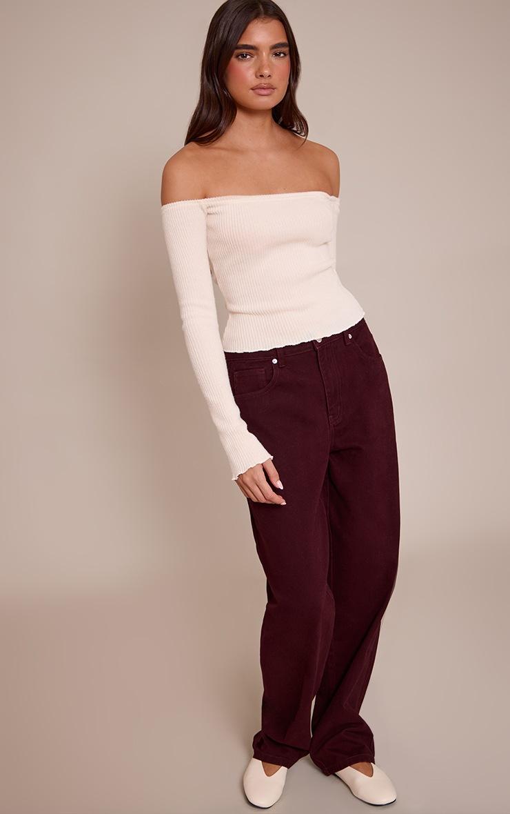 Pretty Little Thing Cream Brushed Rib Bardot Fitted Long Sleeve Top