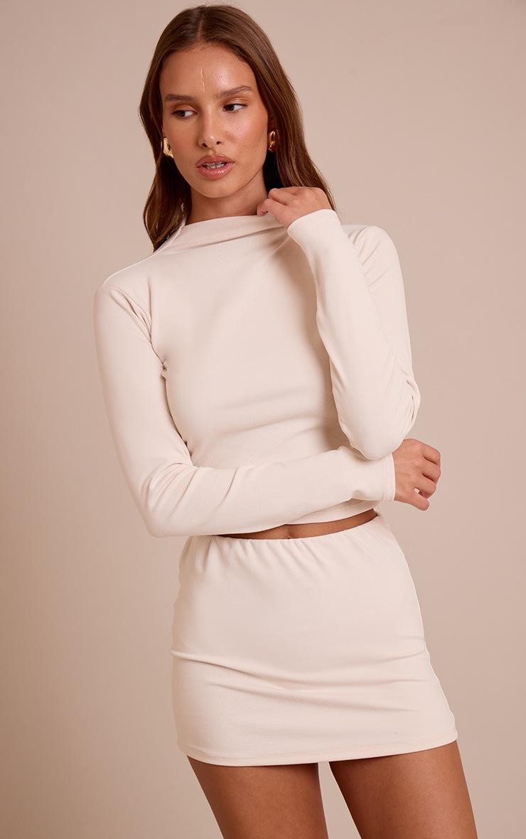 Pretty Little Thing Cream Brushed Rib High Neck Long Sleeve Crop Top