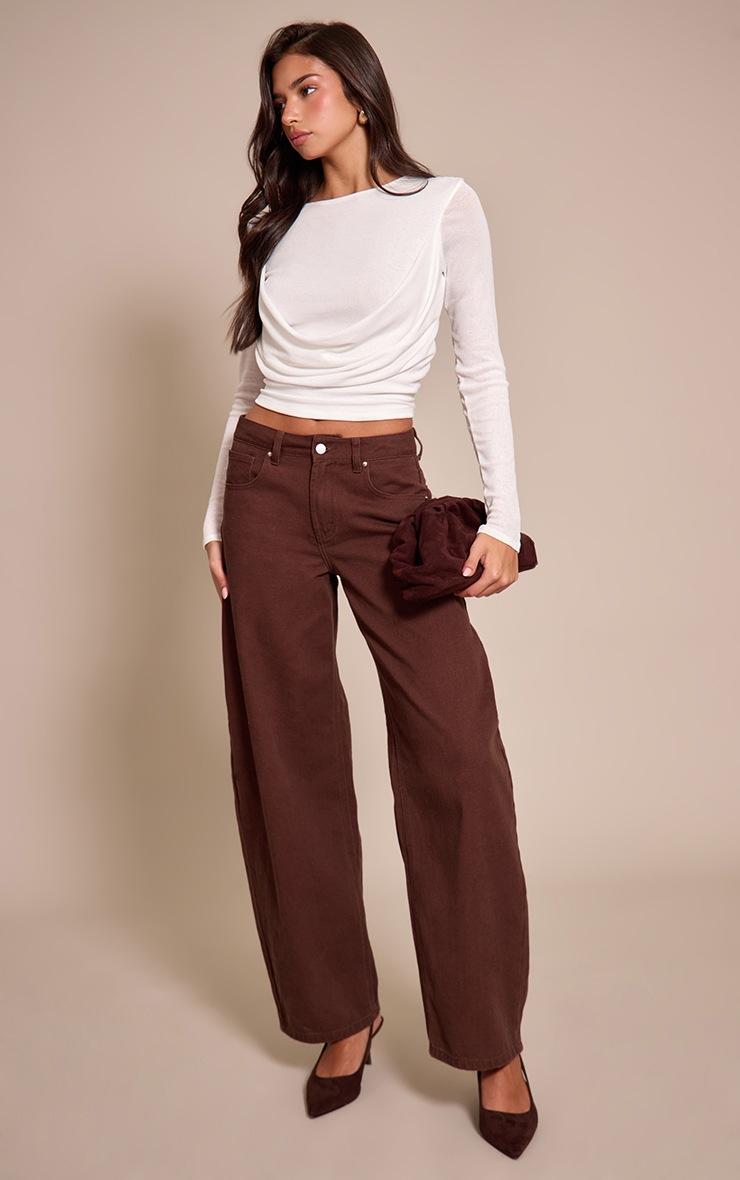 Pretty Little Thing Cream Burnout Mesh Drape Detail Long Sleeve Top