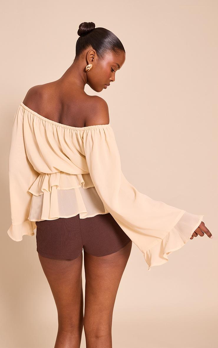 Pretty Little Thing Cream Chiffon Bardot Frill Detail Long Sleeve Top