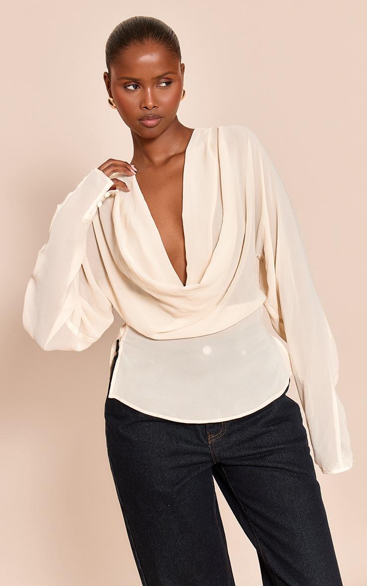 Pretty Little Thing Cream Chiffon Cowl Neck Long Sleeve Blouse