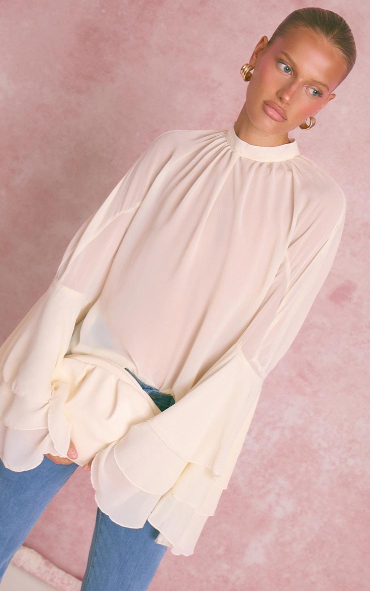Pretty Little Thing Cream Chiffon High Neck Ruffle Sleeve Detail Blouse