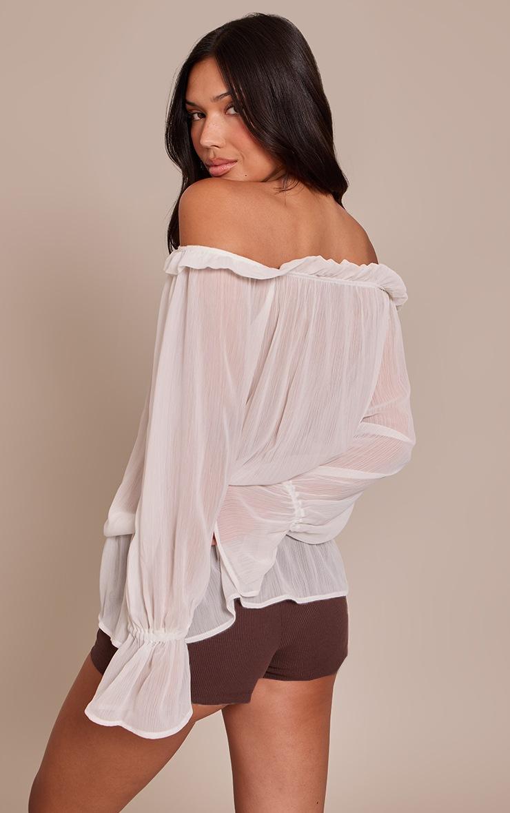 Pretty Little Thing Cream Chiffon Lace Up Detail Bardot Long Sleeve Top