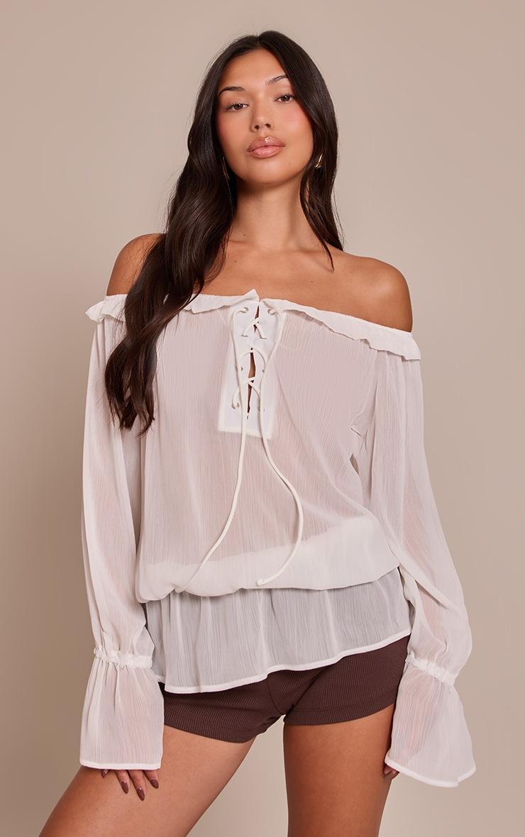 Pretty Little Thing Cream Chiffon Lace Up Detail Bardot Long Sleeve Top