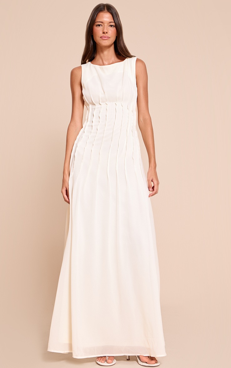 Pretty Little Thing Cream Chiffon Pleat Detail Sleeveless Maxi Dress