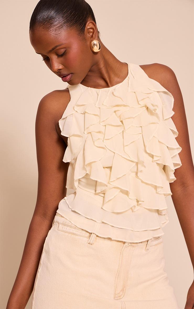 Pretty Little Thing Cream Chiffon Ruffle Detail Vest Top