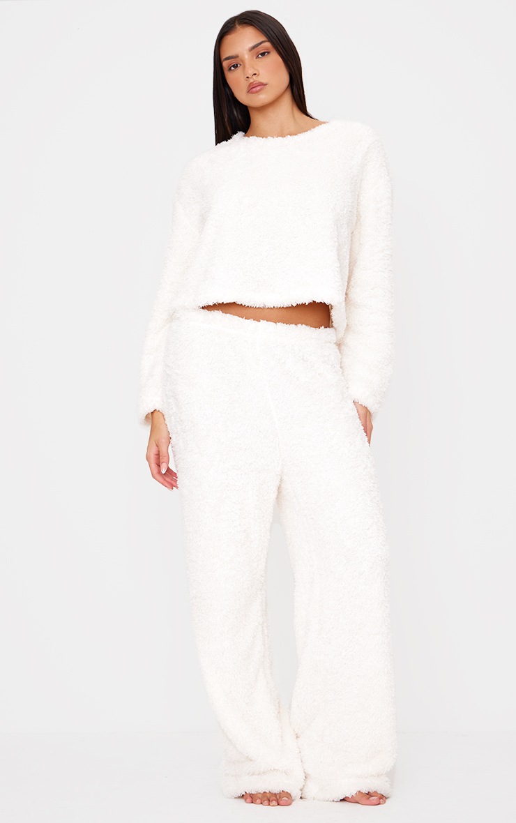 Pretty Little Thing Cream Cosy Fleece Wide Leg Pj Pants