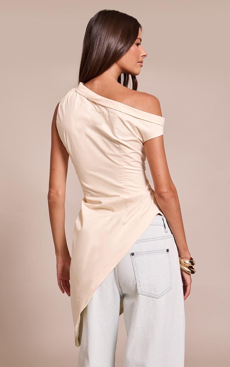 Pretty Little Thing Cream Cotton One Shoulder Ruched Extreme Asymmetric Hem Top