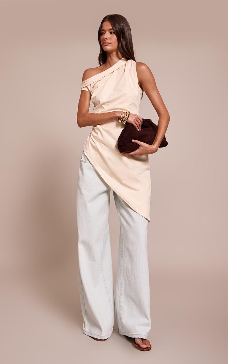 Pretty Little Thing Cream Cotton One Shoulder Ruched Extreme Asymmetric Hem Top