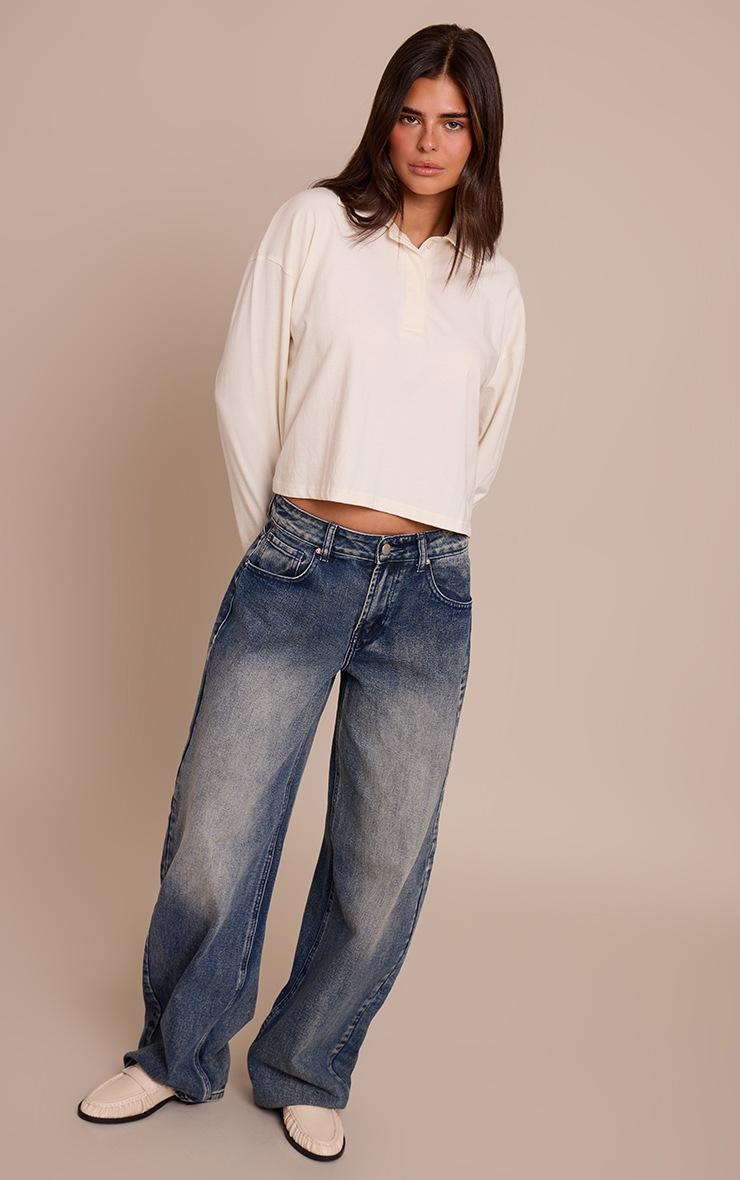 Pretty Little Thing Cream Cotton Polo Collar Long Sleeve Cropped Top