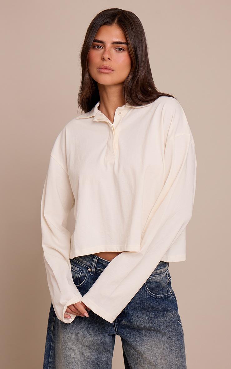 Pretty Little Thing Cream Cotton Polo Collar Long Sleeve Cropped Top