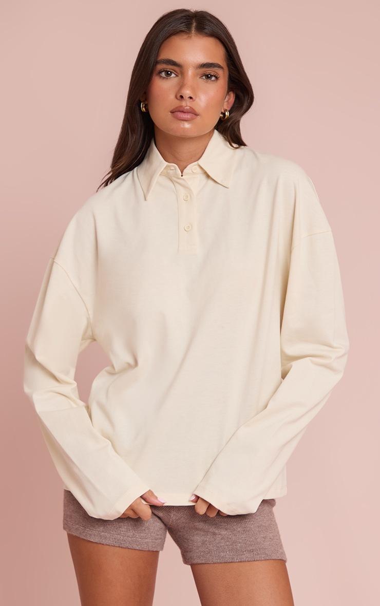 Pretty Little Thing Cream Cotton Polo Collar Long Sleeve Top