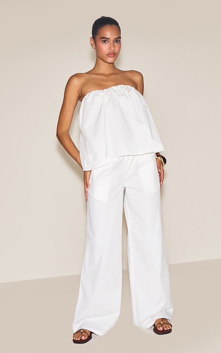 Pretty Little Thing Cream Cotton Woven Elasticated Waist Wide Leg Pants