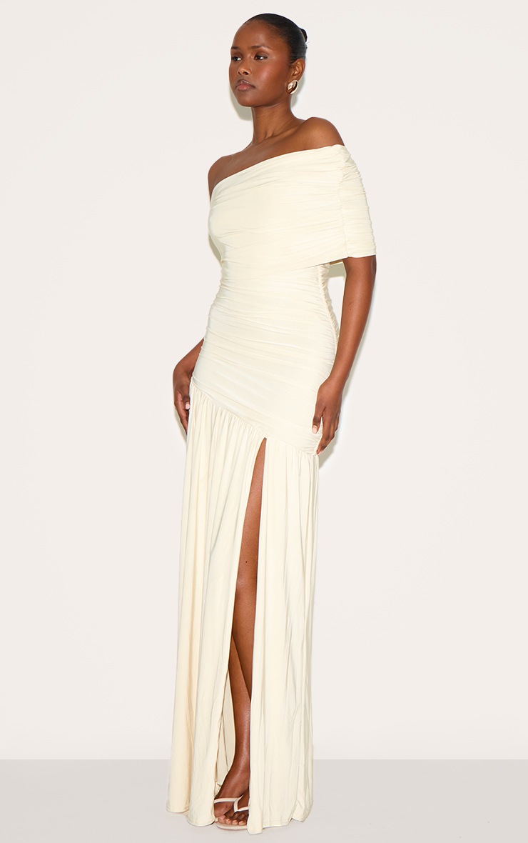 Pretty Little Thing Cream Double Layer Slinky Bardot One Shoulder Ruched Maxi Dress