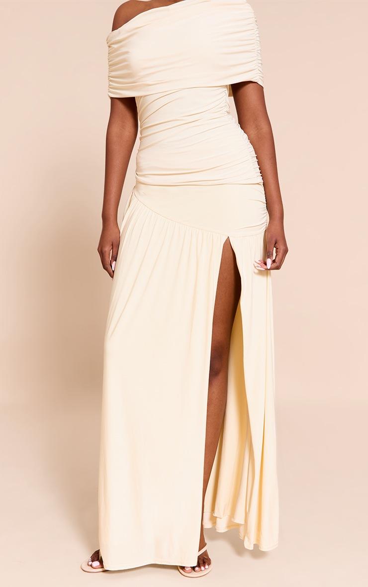 Pretty Little Thing Cream Double Layer Slinky Drop Waist Slit Maxi Skirt