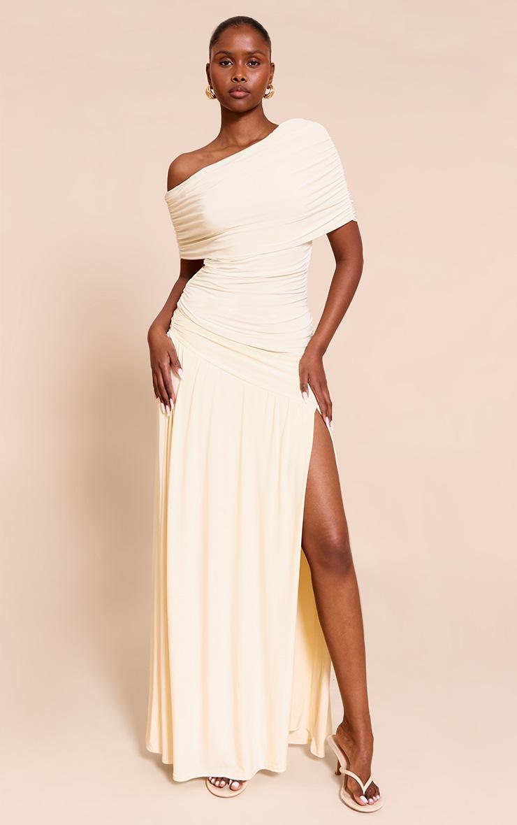 Pretty Little Thing Cream Double Layer Slinky Drop Waist Slit Maxi Skirt