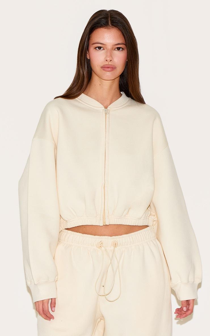 Pretty Little Thing Cream Drawcord Waist Cropped Zip Up Sweatshirt