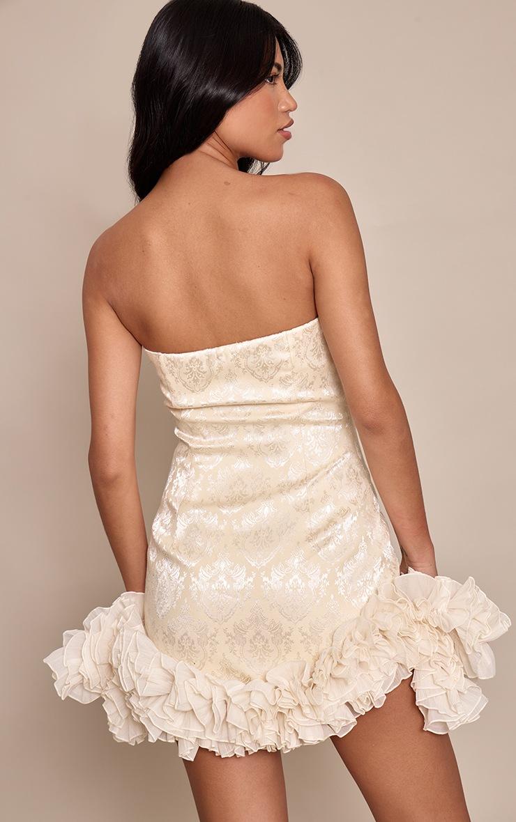 Pretty Little Thing Cream Embroidered Jacquard Frill Hem Bandeau Mini Dress