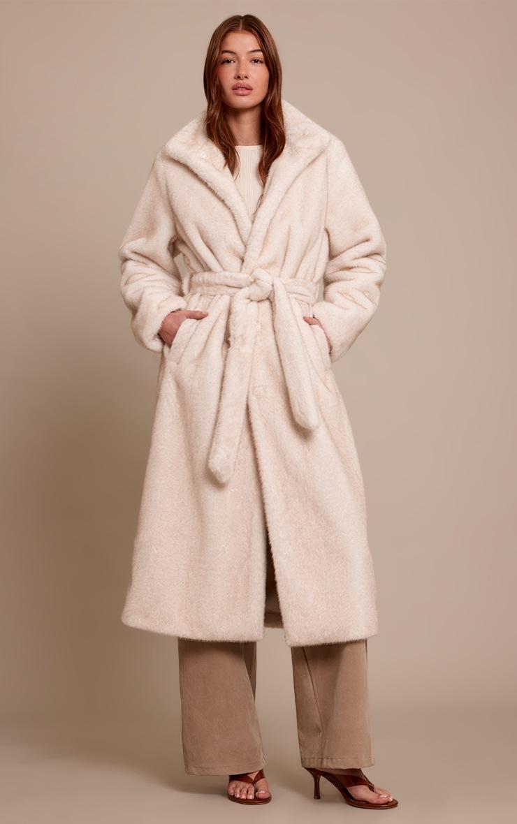 Pretty Little Thing Cream Faux Fur Funnel Neck Maxi Coat