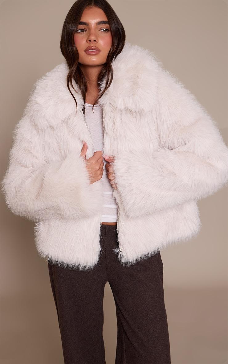 Pretty Little Thing Cream Faux Fur Oversized Collar Coat
