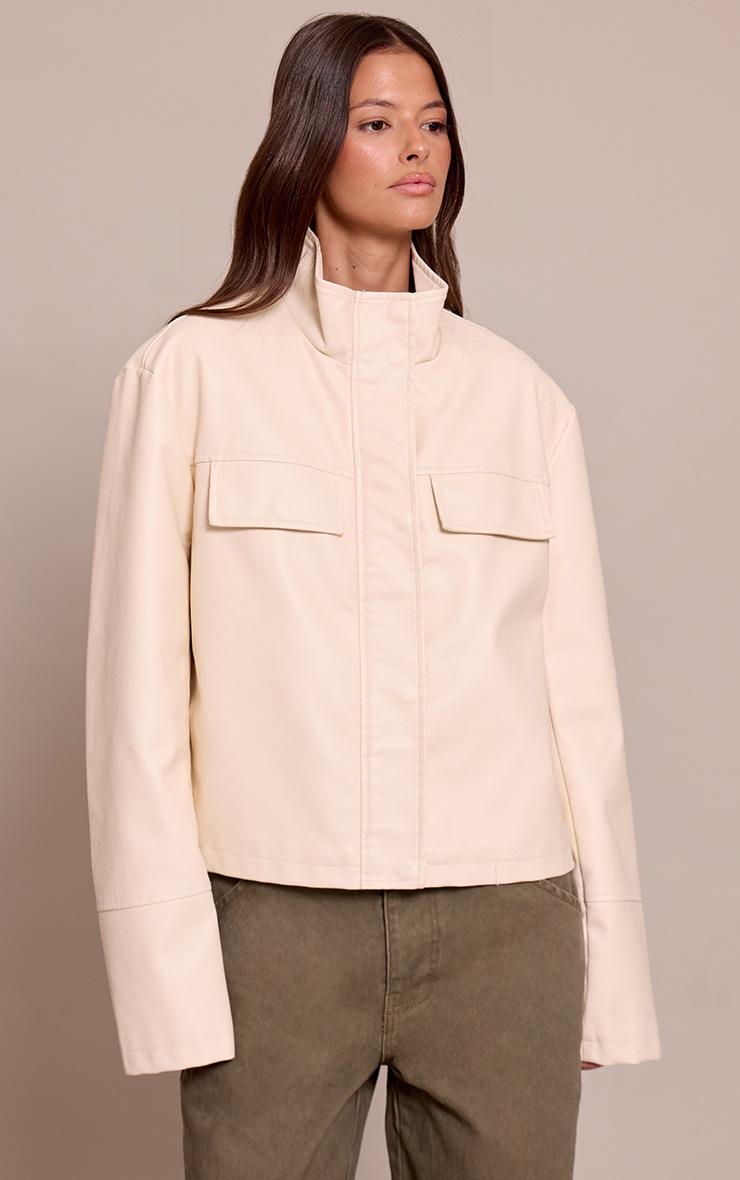 Pretty Little Thing Cream Faux Leather Funnel Neck Jacket
