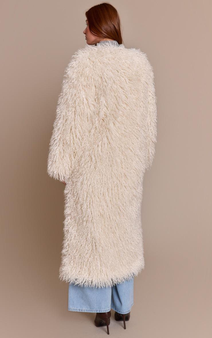 Pretty Little Thing Cream Faux Mongolian Fur Collarless Maxi Coat
