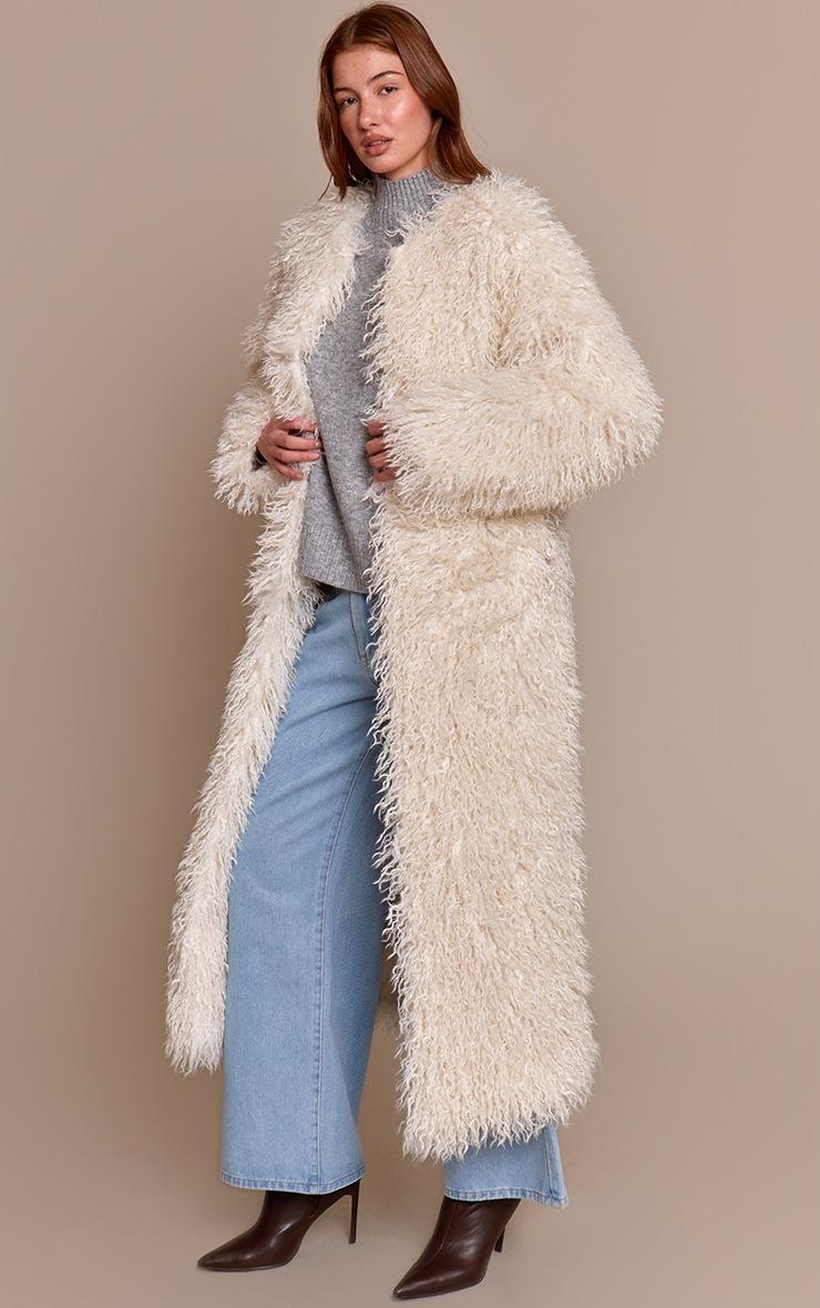 Pretty Little Thing Cream Faux Mongolian Fur Collarless Maxi Coat