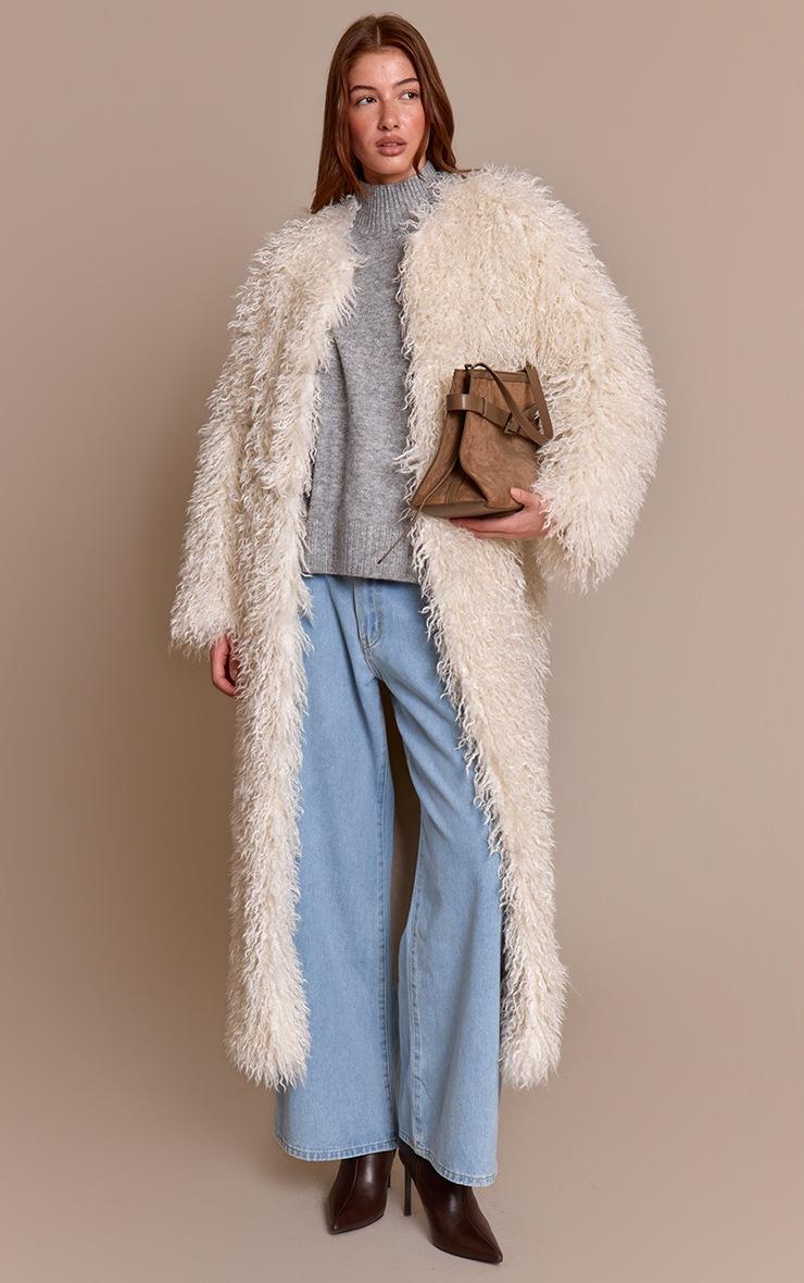 Pretty Little Thing Cream Faux Mongolian Fur Collarless Maxi Coat