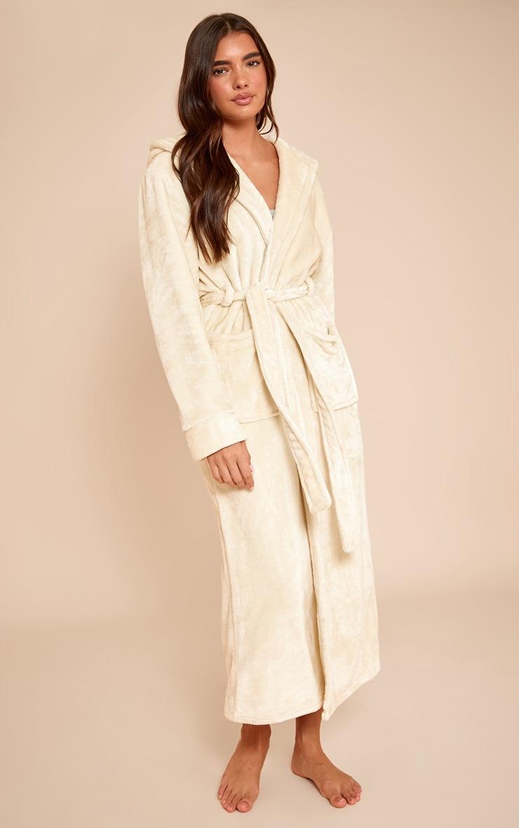 Pretty Little Thing Cream Fleece Maxi Hooded Bath Robe
