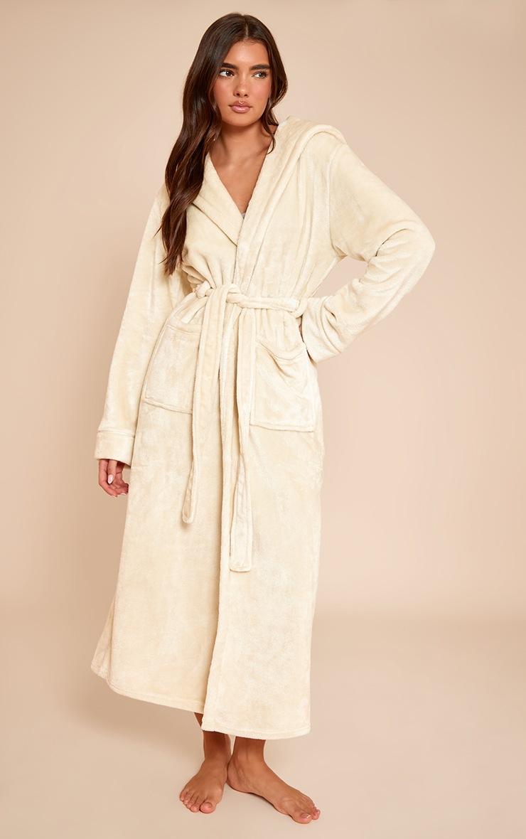Pretty Little Thing Cream Fleece Maxi Hooded Bath Robe