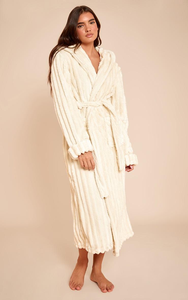 Pretty Little Thing Cream Fleece Piping Detail Hooded Bath Robe