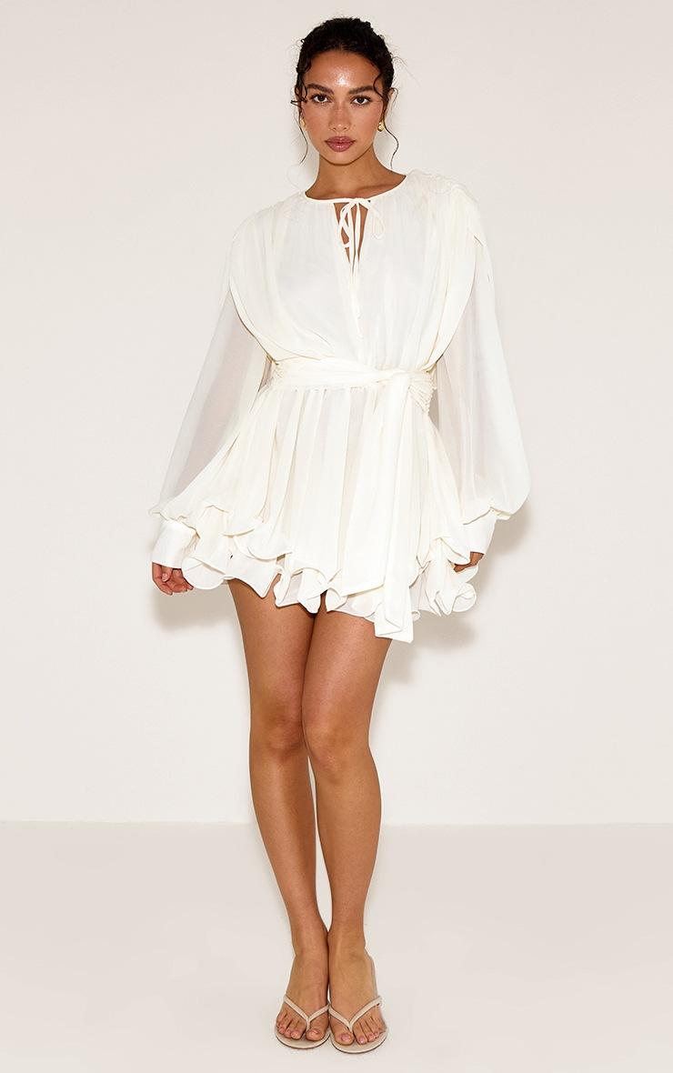 Pretty Little Thing Cream Floaty Tie Detail Long Sleeve Shift Dress