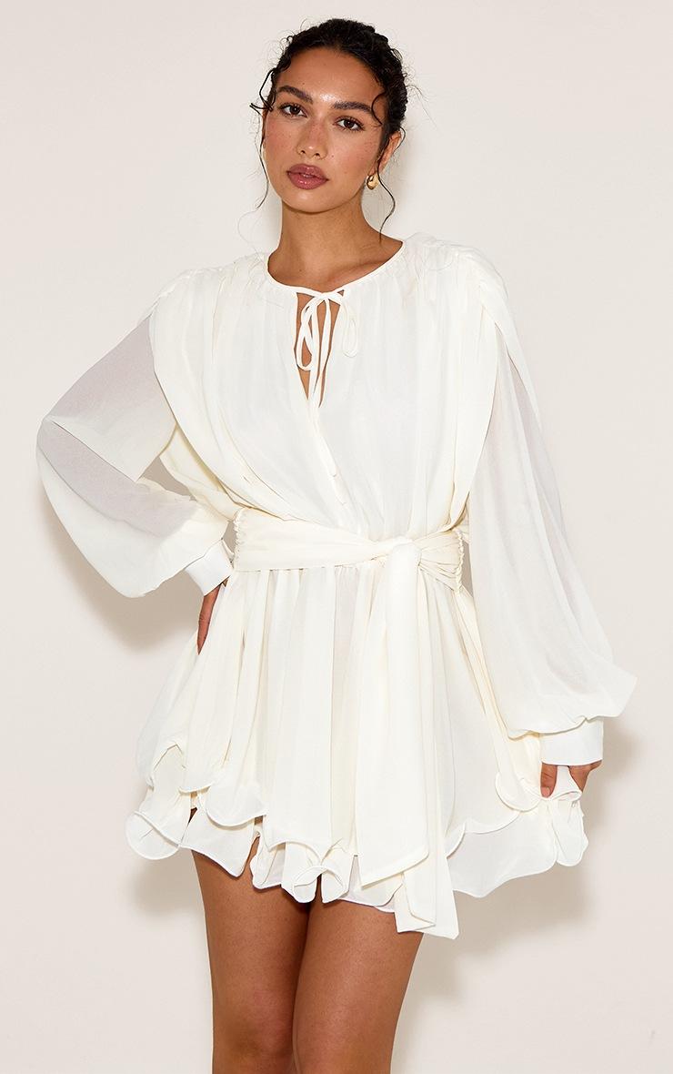 Pretty Little Thing Cream Floaty Tie Detail Long Sleeve Shift Dress