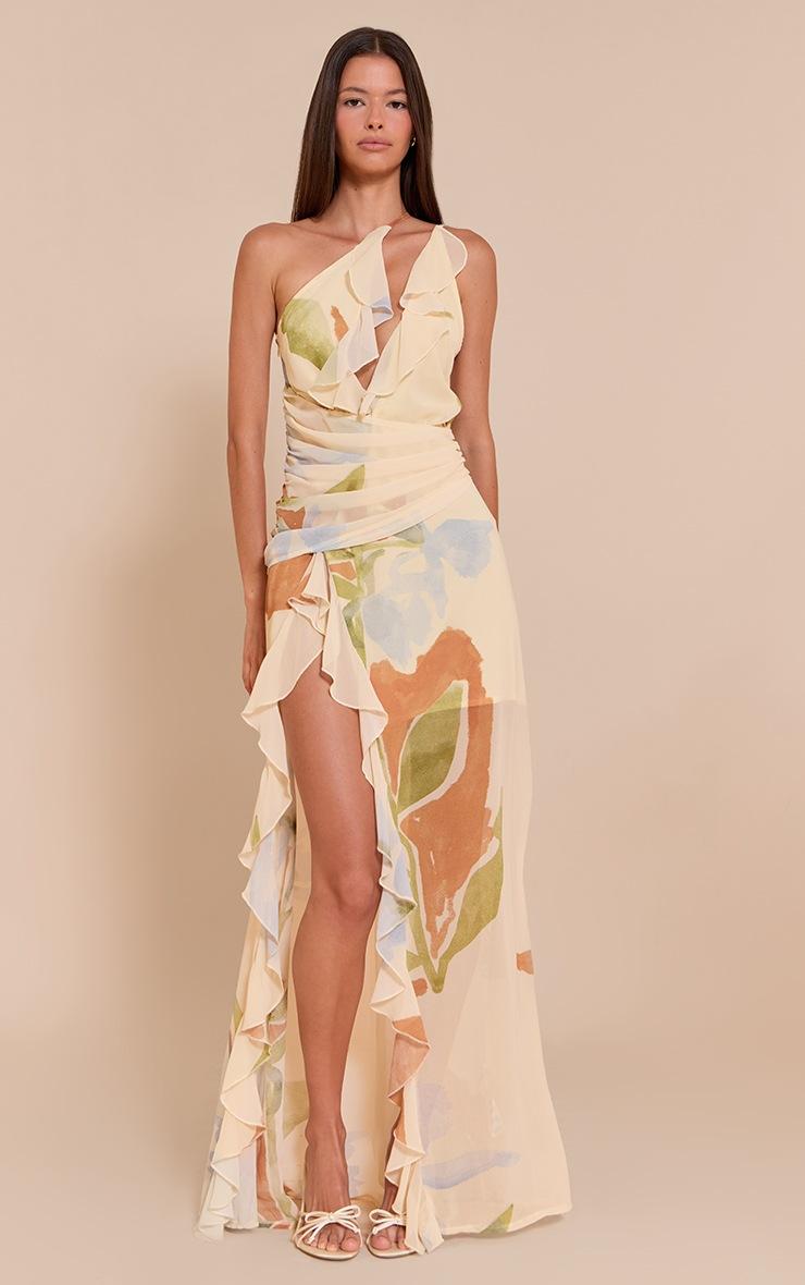 Pretty Little Thing Cream Floral Chiffon Frill Plunge Strappy Maxi Dress