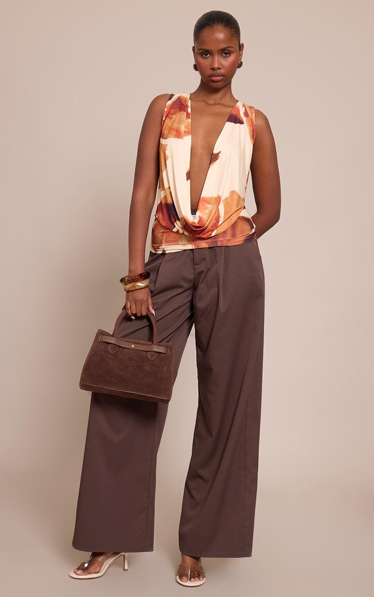 Pretty Little Thing Cream Floral Print Double Layer Slinky Extreme Cowl Neck Top