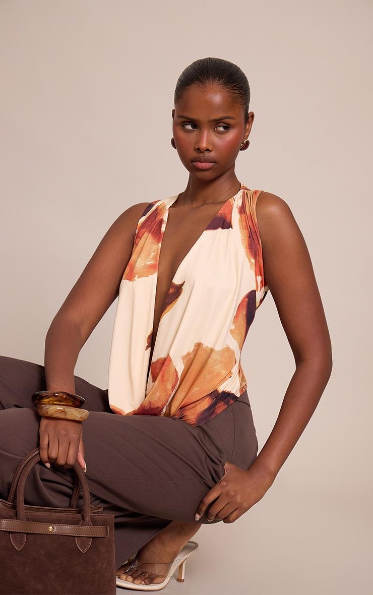 Pretty Little Thing Cream Floral Print Double Layer Slinky Extreme Cowl Neck Top