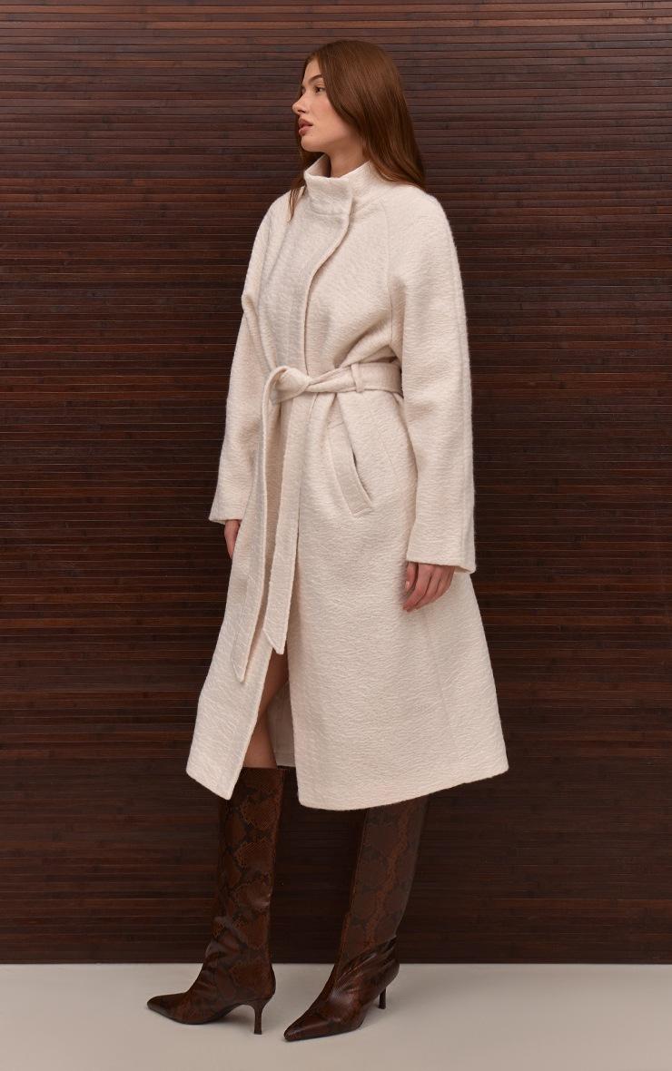 Pretty Little Thing Cream High Neck Tie Waist Wool Look Maxi Coat