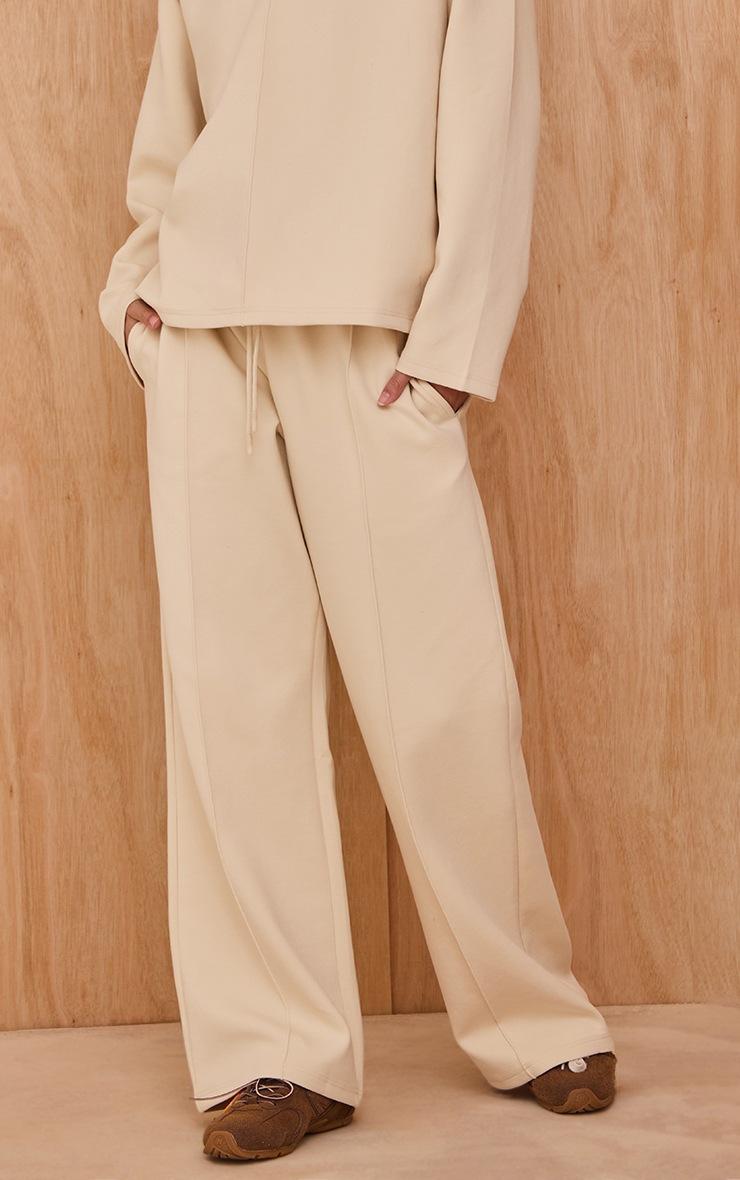Pretty Little Thing Cream Interlock Pintuck Straight Leg Sweatpant