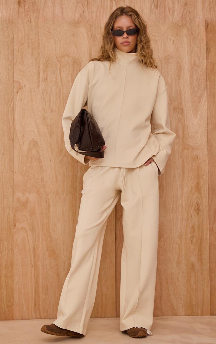 Pretty Little Thing Cream Interlock Pintuck Straight Leg Sweatpant